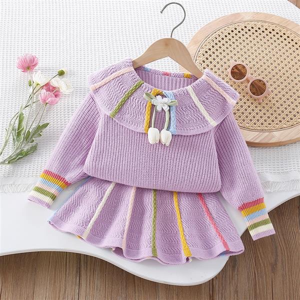 ست بلوز و دامن بافت عروسکی گل لاله رنگ یاسی با نوار رنگی کد 21568