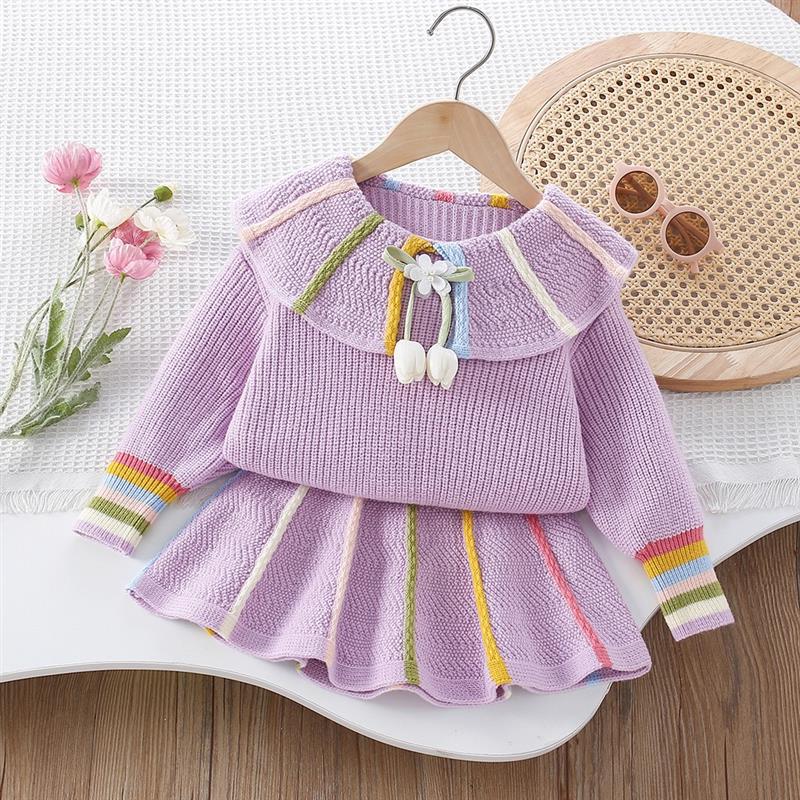 ست بلوز و دامن بافت عروسکی گل لاله رنگ یاسی با نوار رنگی کد 21568