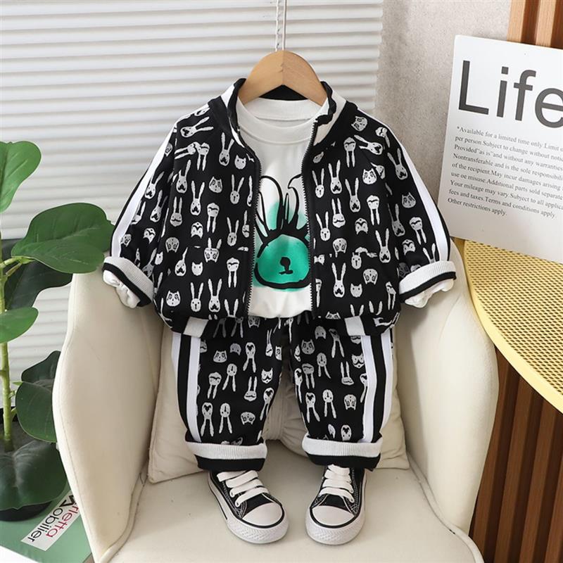 ست سه تیکه سویشرت و شلوار مشکی و سفید و بلوز نخی سفید طرح خرگوش گوش بلند کد 21570