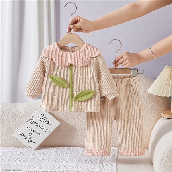 ست دورس و شلوار کبریتی کرم طرح گل لاله برجسته عروسکی کد 21573