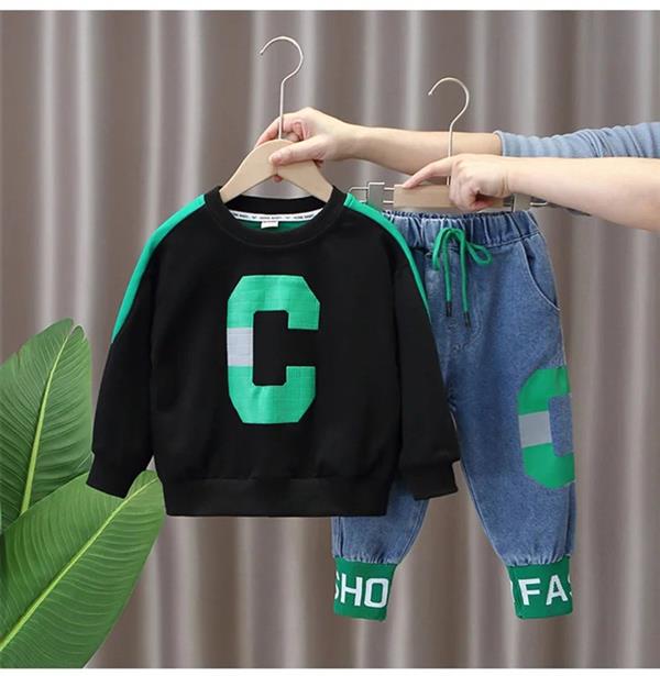 ست دورس  مشکی و سبز طرح C با شلوار جین ابی گت دار کد 21603