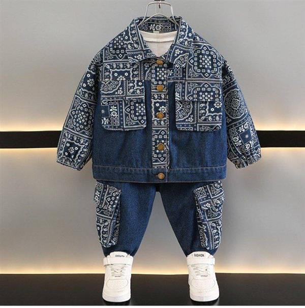 ست کت و شلوار جین ضخیم طرح بته جقه رنگ سورمه ای کد 21606