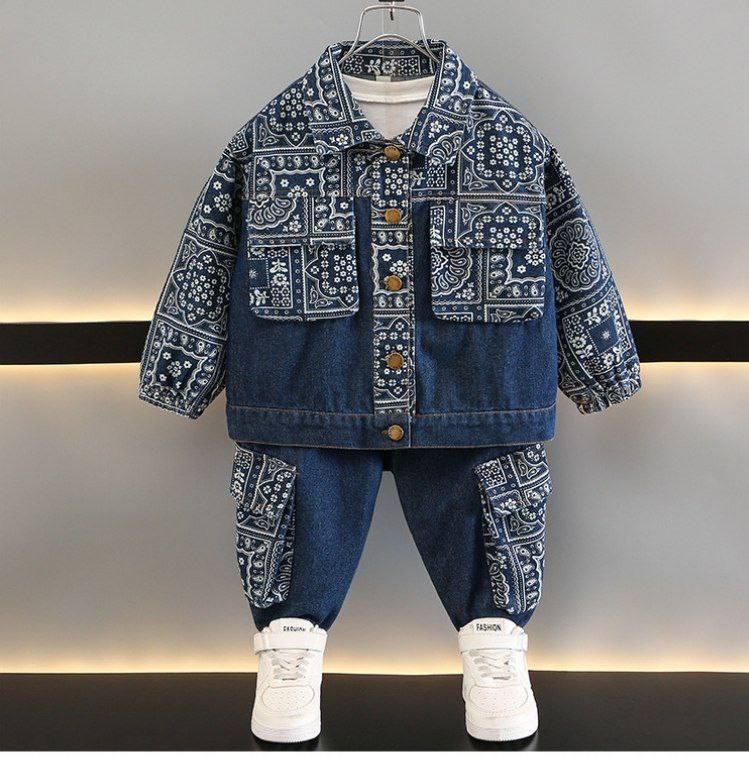 ست کت و شلوار جین ضخیم طرح بته جقه رنگ سورمه ای کد 21606