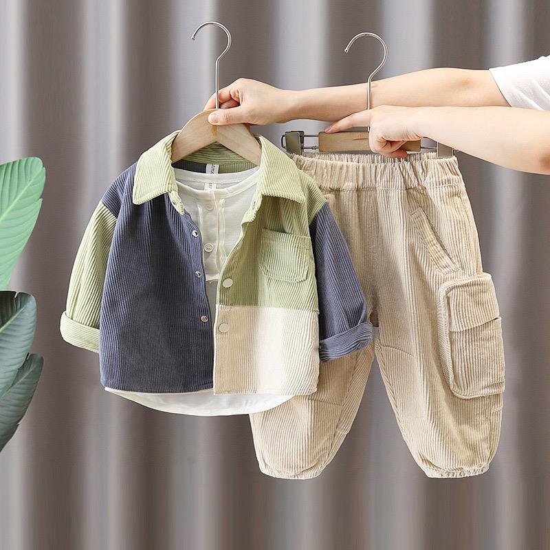 ست  شومیز طوسی و سبز با شلوار گت دار کرم کبریتی کد 21626