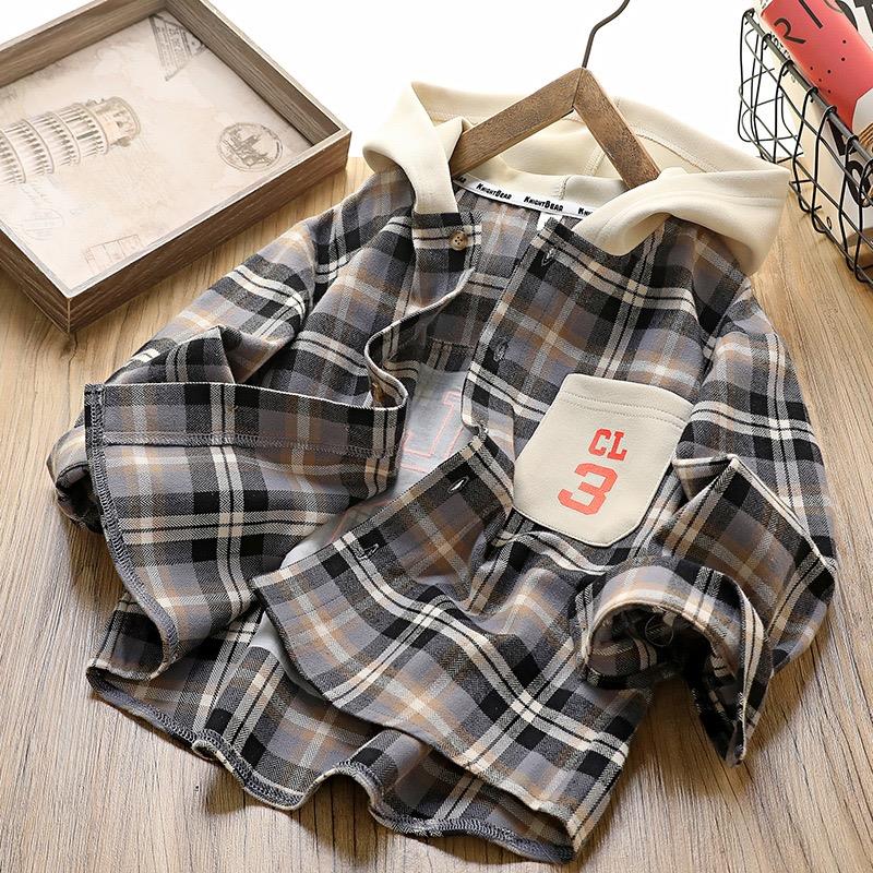 شومیز چهارخونه یاسی و طوسی با کلاه اسلشی شیری کد 21684