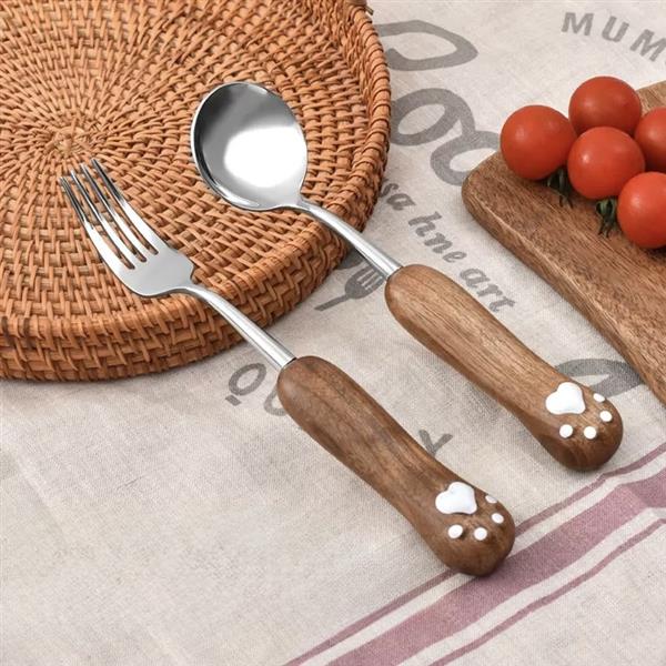 ست قاشق و چنگال استیل دسته چوبی طرح پنجه کد 21780