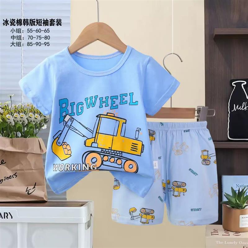 ست نخی تیشرت ابی  و شلوارک ابی کمرنگ طرح جرثقیل BIG WHEEL سایز متوسط کد 21836