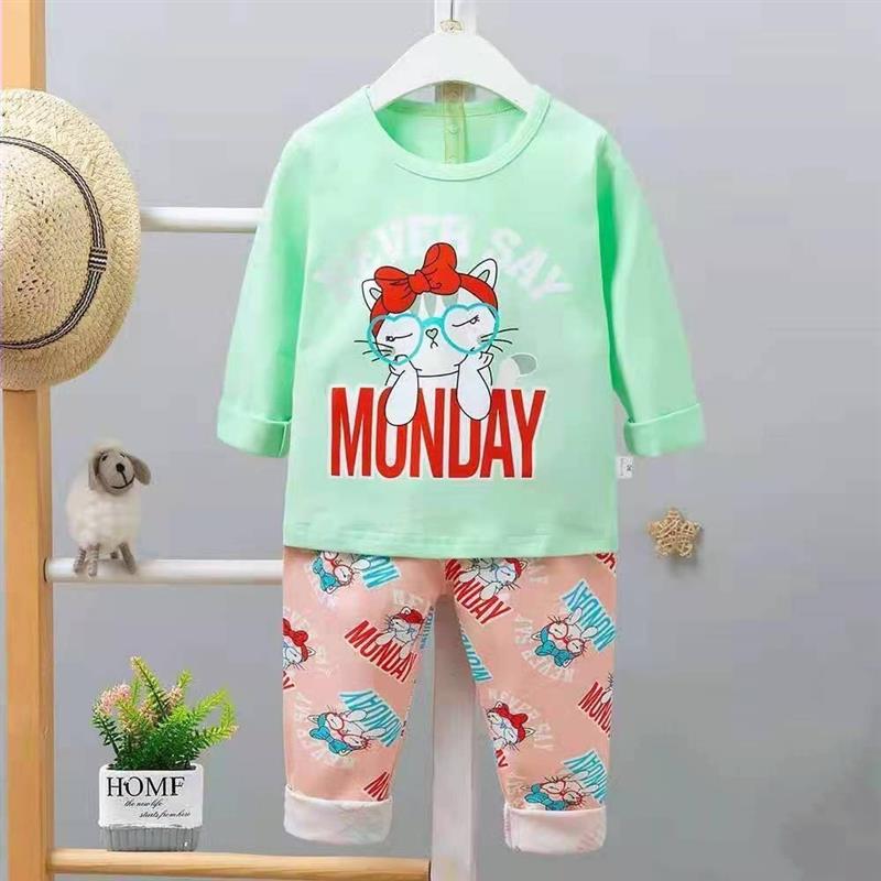 ست نخی بلوز سبزآبی و شلوار صورتی طرح MONDAY سایز کوچک کد 7610