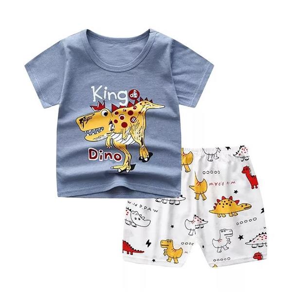 ست نخی تیشرت ابی طرح King Dino و شلوارک سفید کد 8479
